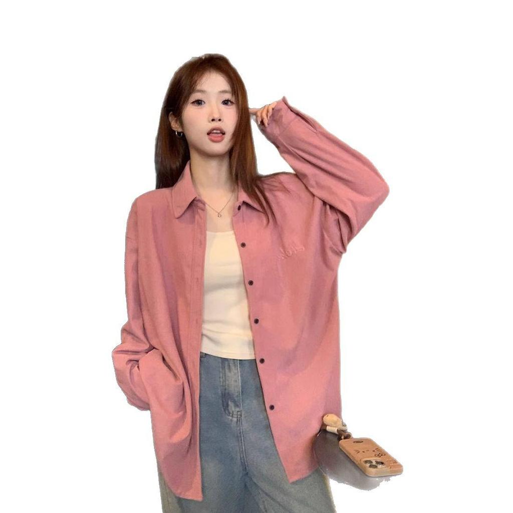 Korean Style Gentle Pink Turn-Down Collar Long Sleeve Slimming Shirt for Women – Spring & Autumn Loose Fit Top.