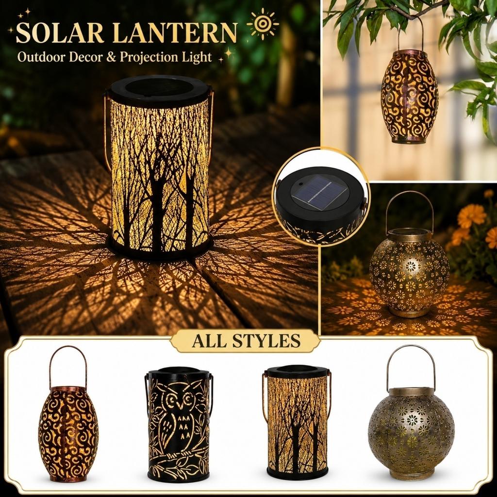 Solar Lantern Outdoor Decorative Metal Garden Light Hollow Pattern Projection Lamp with Tree Design for Patio Yard Pathway Lighting