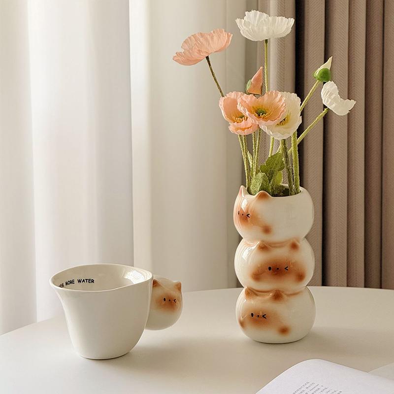 Handmade Cartoon Cat Decorative Flower Arrangement Living Room Floral Art Unique Ceramic Cute Home Decorations
