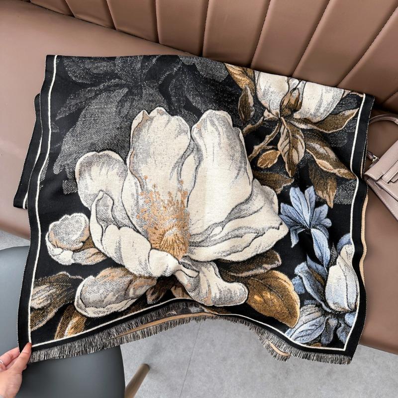 Autumn and winter imitation cashmere versatile cold scarf women's fashion elegant big flower hair pulling scarf thickened warm shawl