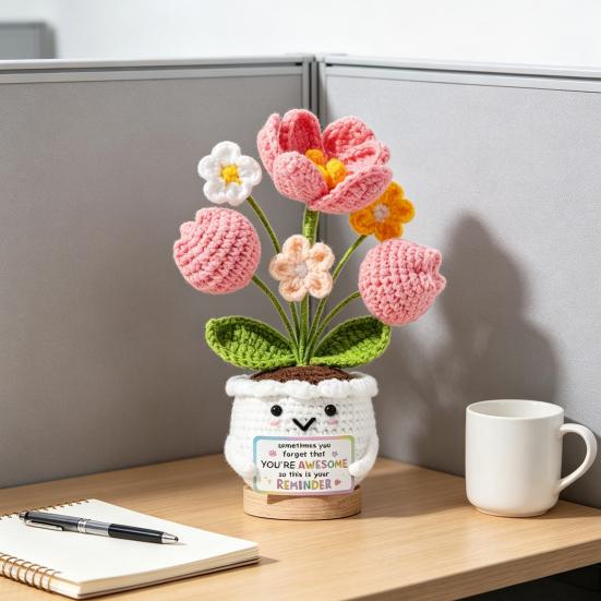 Regalos de Agradecimiento Positivos de Ganchillo Tulipán Flor Silvestre para Mujeres Mamá Amigas Muñeca de Flor en Maceta Hecha a Mano con Tarjeta Regalo de Apoyo Emocional para el Día de la Madre
