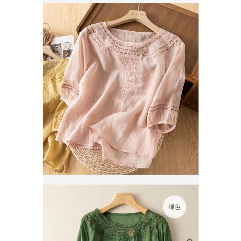 Women Summer Embroidered Round Neck Linen Cotton Blouse