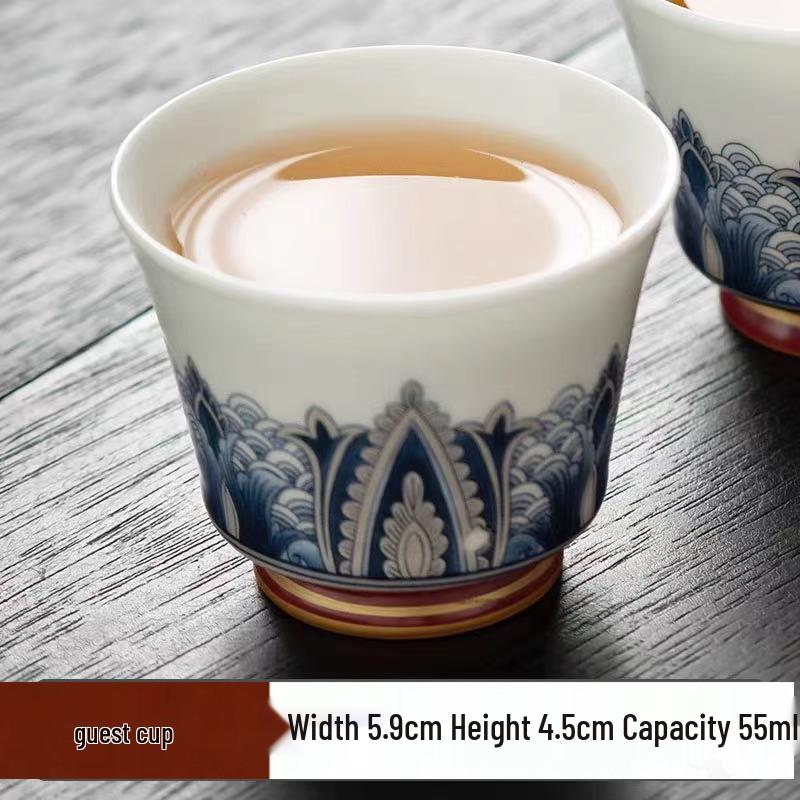 Blue and White Porcelain Lotus Kung Fu Tea Set: Enamel Teacup, Hovering Lid, Teapot, Saucer, and Master Cup.