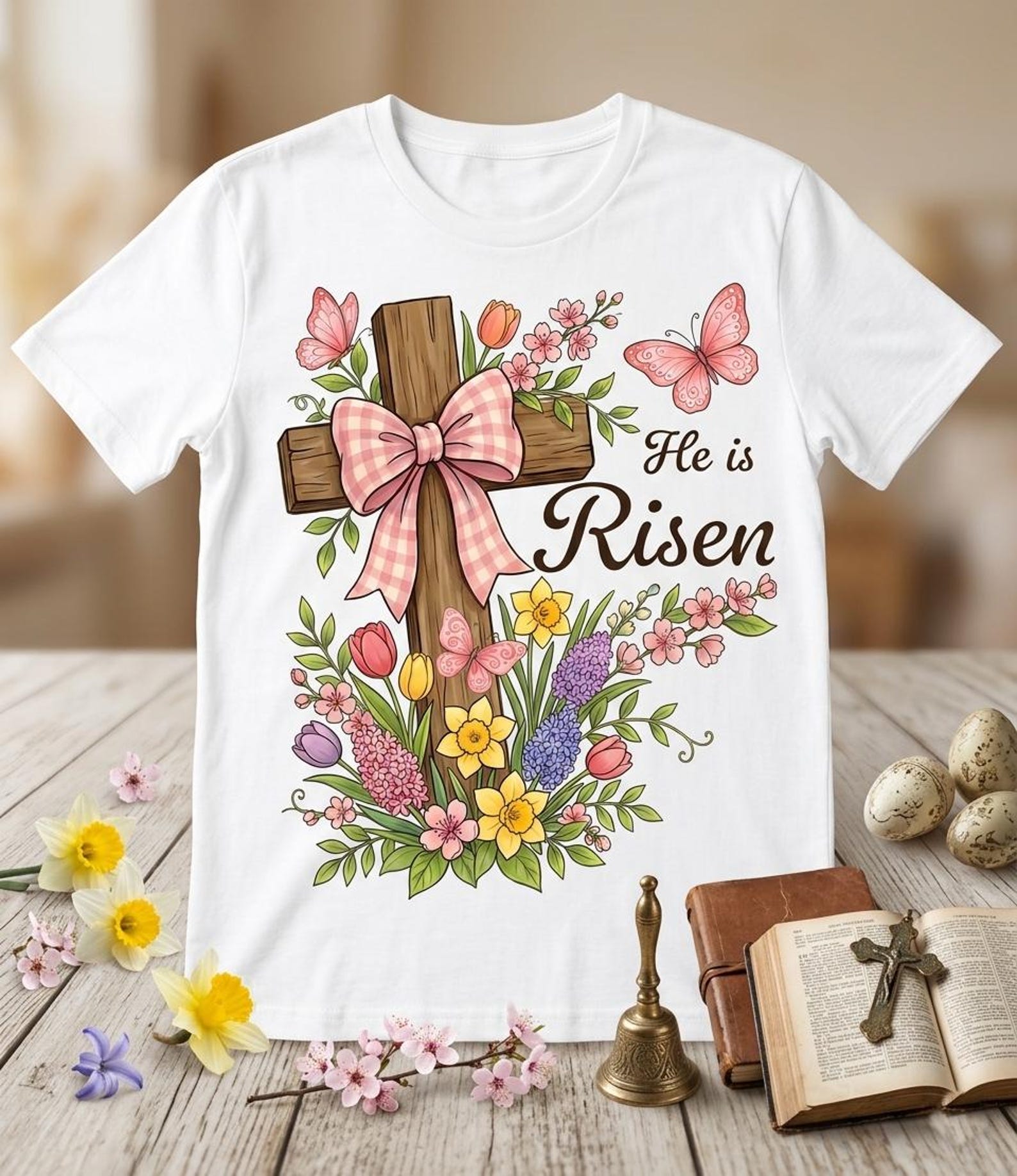 Floral Cross Christian Easter Shirt, He Is Risen Religious Tee M