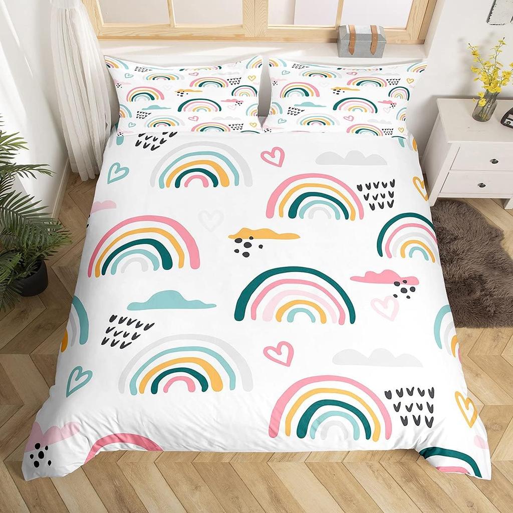 Kawaii Rainbow Duvet Cover Cartoon Iridescent Print Bedding Set For Girls Kids Room Twin,Cute Stars Clouds Decor Comforter Cover