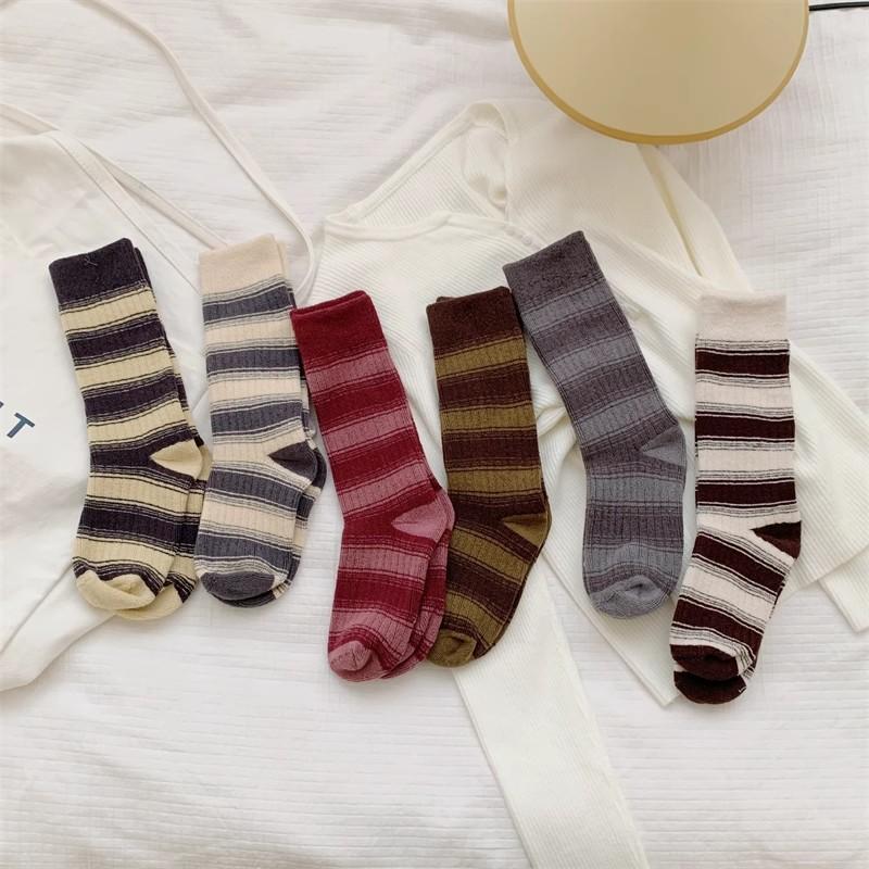 Female Spring and Autumn Vintage Towel Bottom Stripe Solid Color Tall Cotton Socks