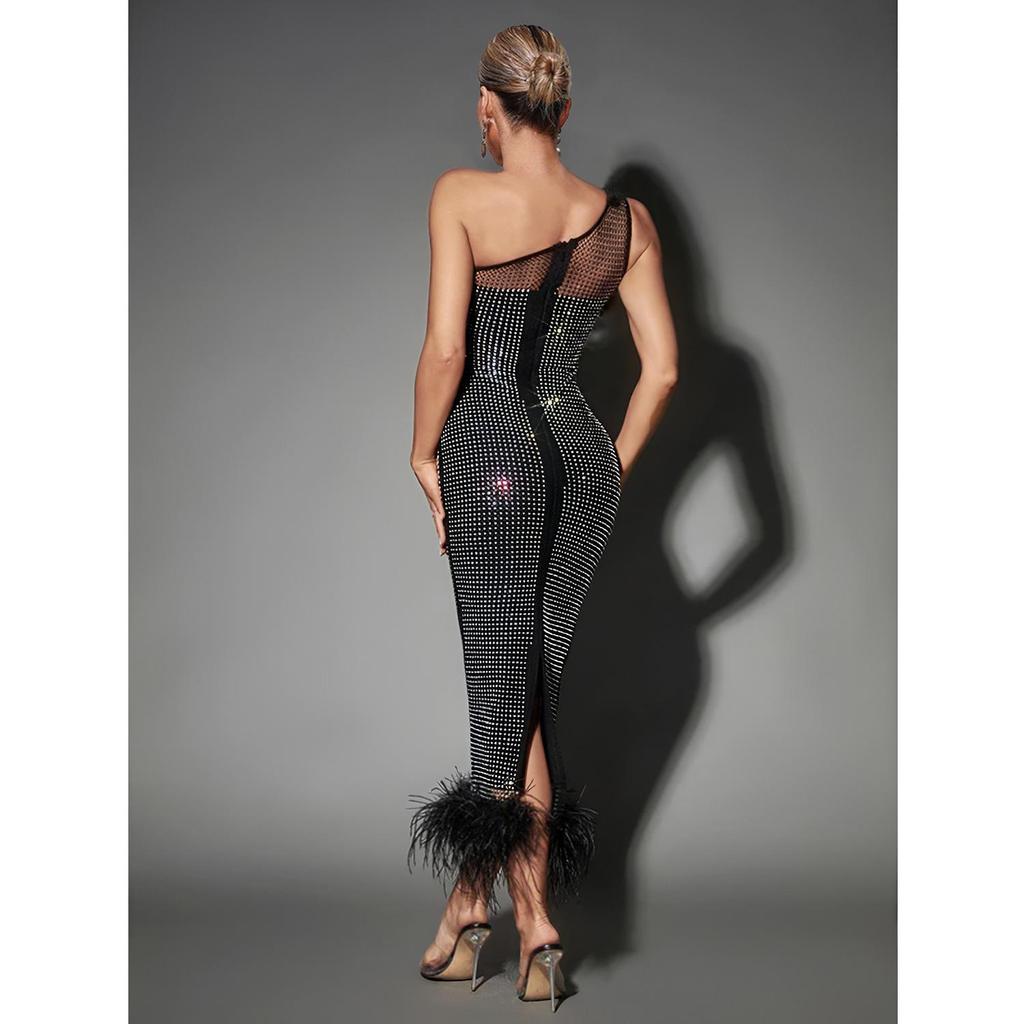 C6666 Damen One-Shoulder Netz-Feder-Bandagekleid mit Heißbohrungen