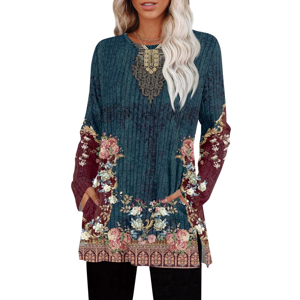 Womens Sweaters Crewneck Long Sleeve Shirts With Pockets Fall Outfits  Fashion Winter Clothing Side Slit