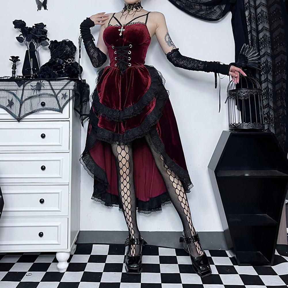 Women Cosplay Dress Dark Style Halloween Party Costume Lace Patchwork Irregular Hem Sleeveless Tight Waist Ruffles Adjustable Wa