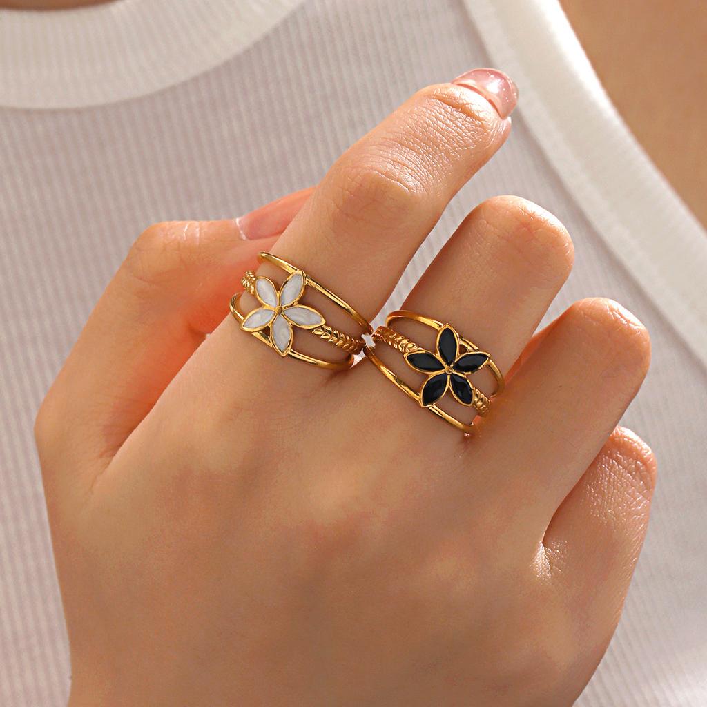 Stainless Steel Vintage Metal Flower Rings for Women Open Enamel Rings Adjustable Drip Oil Flower Multilayer Zircon 2024 New