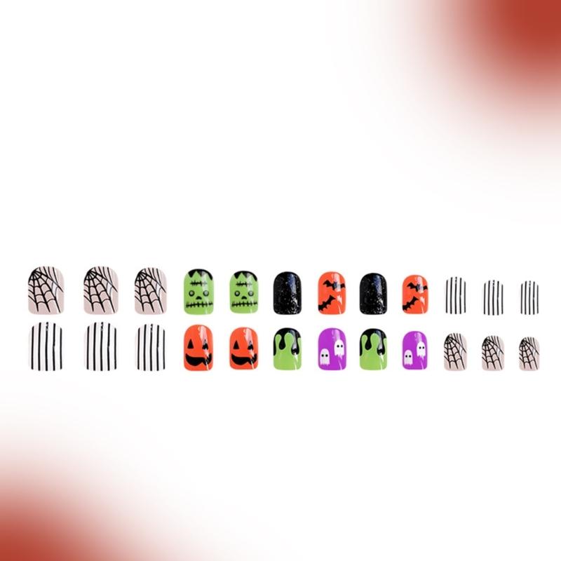 Halloween Cobweb Bat Faux Nail Short Square Manicure Tips Sparkling Press On Nail 24pcs Not Require Adhesive