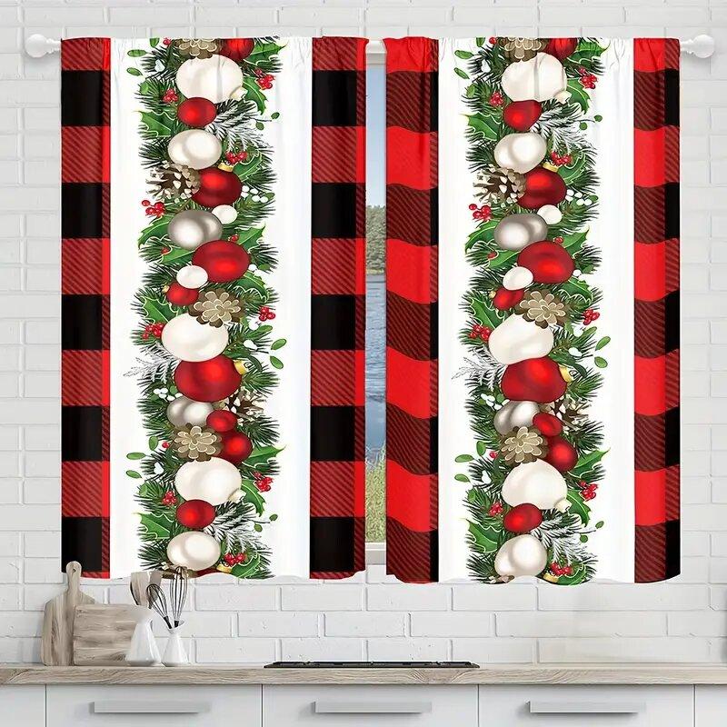 Set Of 2 Christmas Balls Pine Leaves Pinecones Printed Curtains Window Decorations Home Room Made Polyester