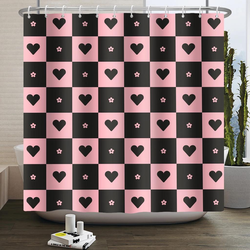 Happy Valentines Day Heart Shower Curtain Red Pink Romantic Falling Love Heart Sweet Lovers Waterproof Bathroom Curtain Decor