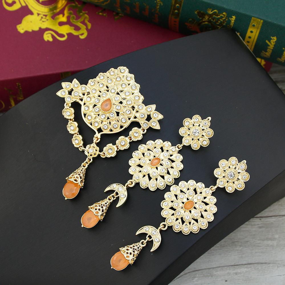 Chic Orange Crystal Women Brooch Set Arabic Bride Wedding Jewelry Hijab Pin Round Flower Brooch Bijoux