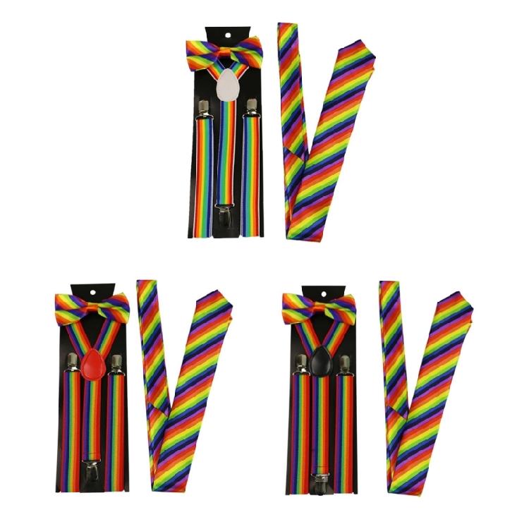 Fashion Striped Neckties for Masquerades Woman Teen Necktie+Clip on Suspenders