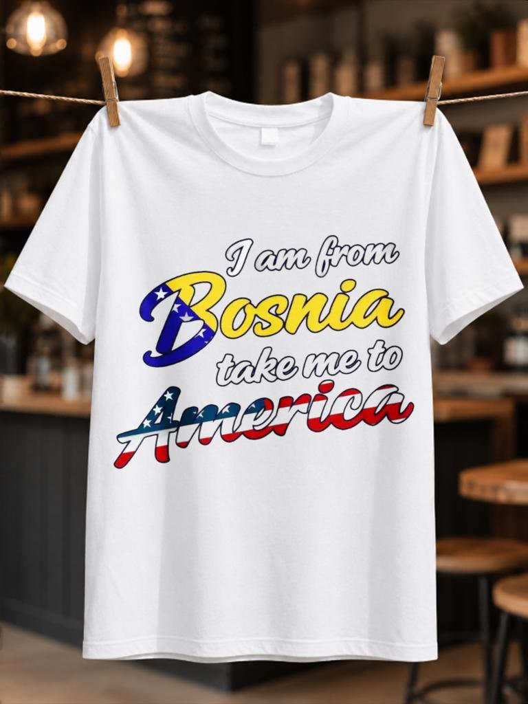 Bosnia To America Gold Script Over Red Blue Crossed Lettering Patriotic Travel Phrase Graphic Unisex All Tshirt