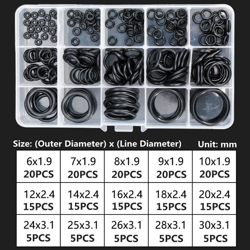 NBR FKM Boxed Nitrile Silicone Rubber O Ring Repair Set Faucet Sealing Valve Waterproof Oil Resistant Sealing Ring Gasket Kits NBR 200PCS