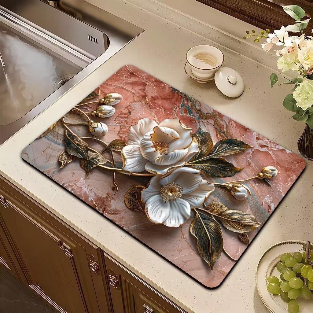 Saugfähige Matte Rosa Pflanze Blume Rose Abtropfmatte Küchengeschirr Trocknen Geschirr Rutschfester Teppich Geschirr