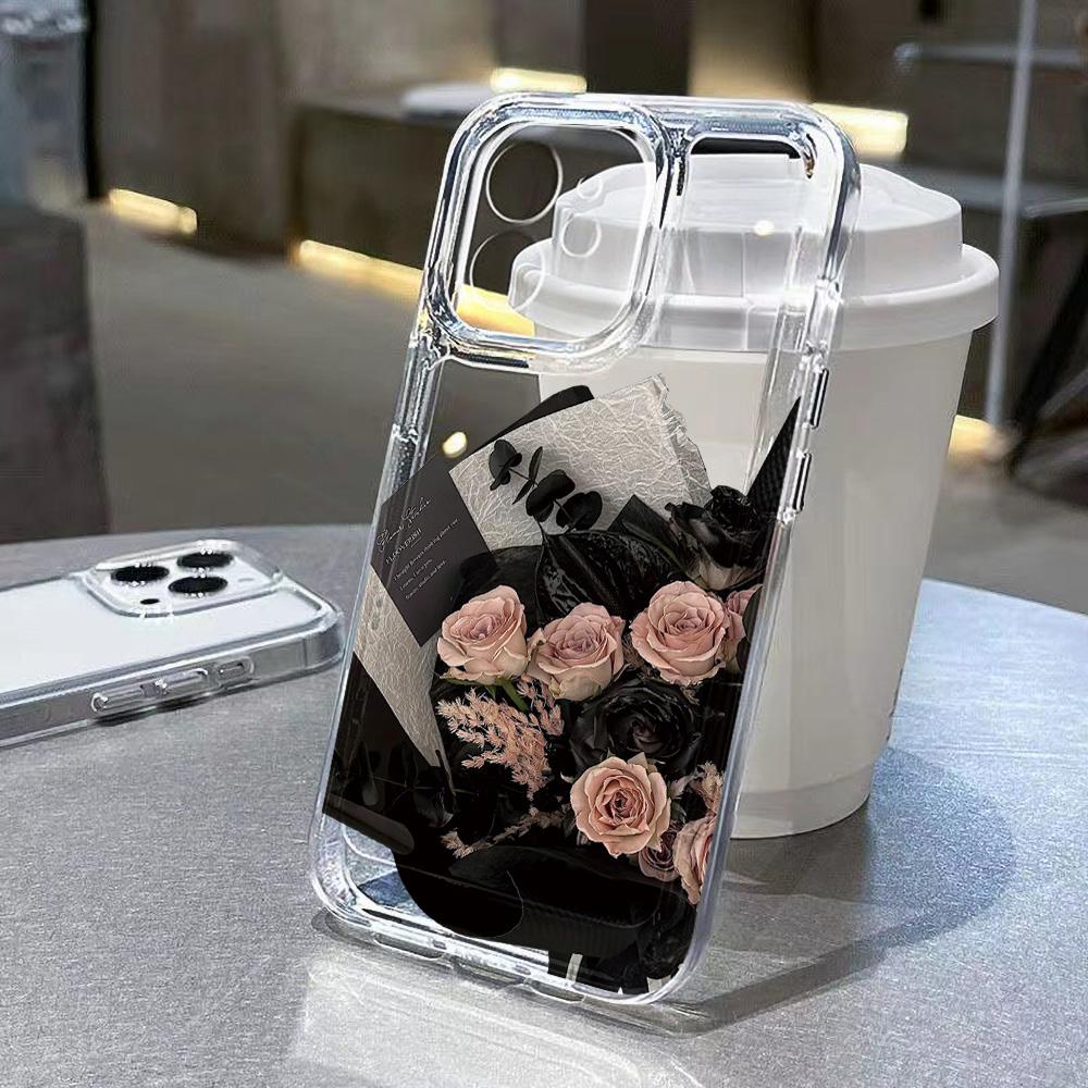 Clear Phone Case For iPhone 17 17E 16 16E 15 14 13 12 11 Air Pro Max Plus Pink Rose Flower Clear Soft TPU Shockproof Cute Cover