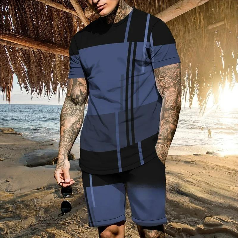 Men's Summer Casual T-Shirt Set Striped 3D Printed T-Shirt Short Sleeve Shorts 2 Piece Oversized Casual Beach Sports Suit