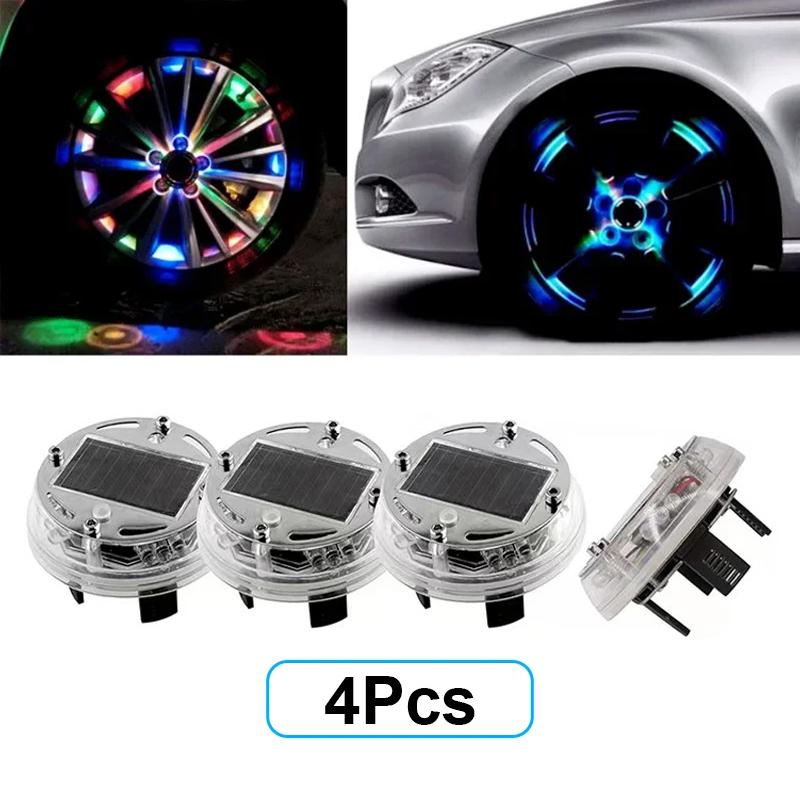 4Pcs LED Car Wheel Lights RGB Car Ambient Light Remote Control Flash Wheel Hub Lamp Solar Charging Neon  Car Accessories Automation - 3Colour