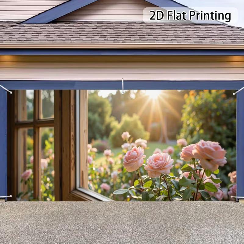 

2D Morning Sunlight Rose Garden Garage Door Banner Background 47.2x31.5inch/120*80cm