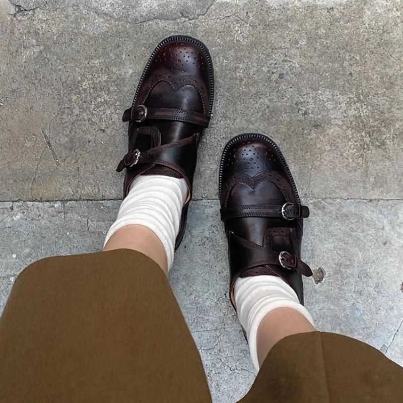 Heavy Industry Polished Hand-carved Cowhide Women's Niche Thick Heel Thick Sole Brock Small Leather Shoes Single Shoes