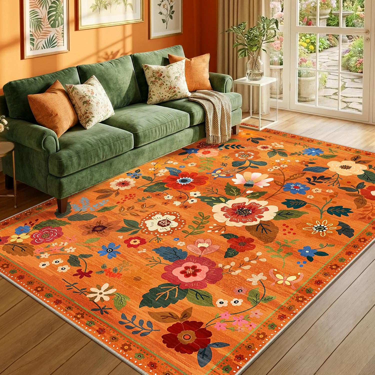 Wasbaar Omberkleed Bloemenpatroon, Boho Schattig Antislip Print Tapijt, Zacht Boerderij Tapijt voor Woonkamer Slaapkamer Keuken 60x90cm