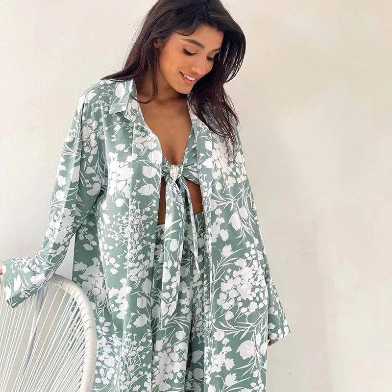 

Fashion Style Printed Loose Top Intimates Pants Three-Piece Loose Print Three-Piece Set Green S