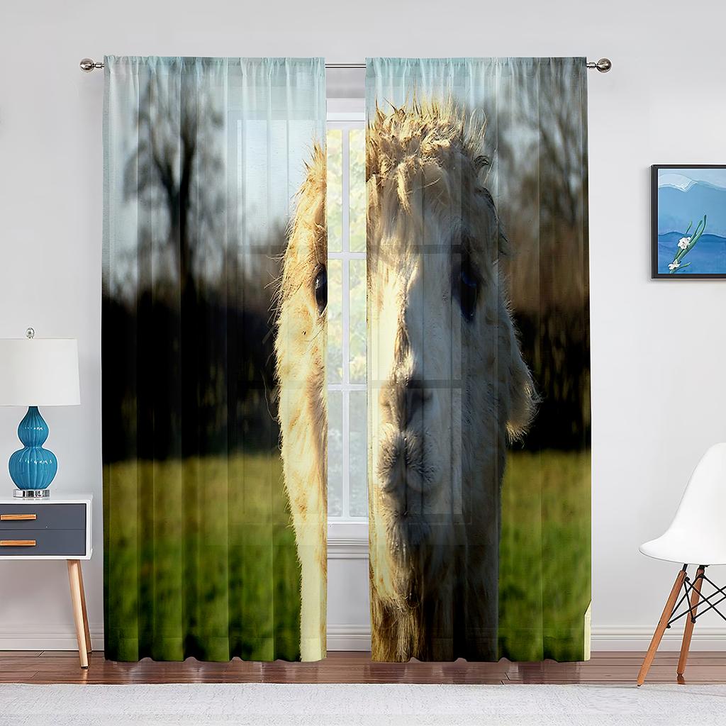 Cute Llama Alpaca Funny Animal Sheer Curtain for Living Room Voile Window Blinds Bedroom Tulle Drape Kitchen Curtains Decoration