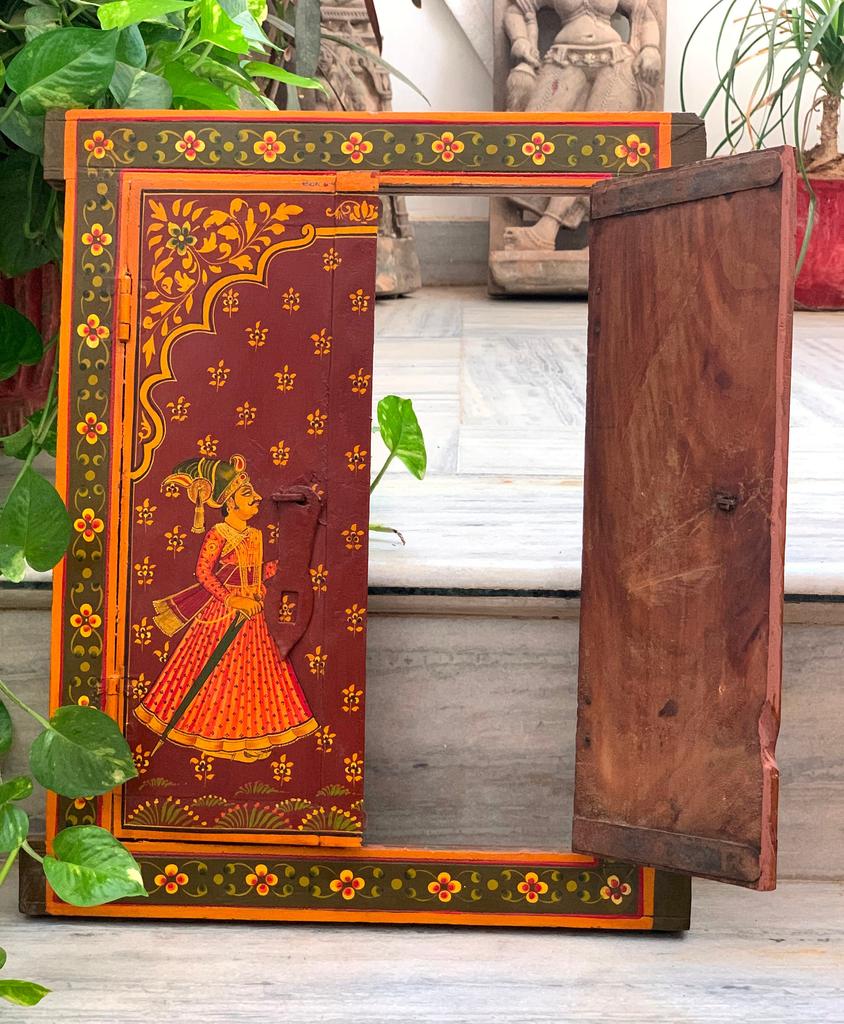 Handmade Antique Jharokha Window: Royal Couple Painting, Indian Festival Decor