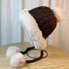 Cute hairball ear protection wool hat for women, warm in autumn and winter, thickened large head circumference and small face knitted hat