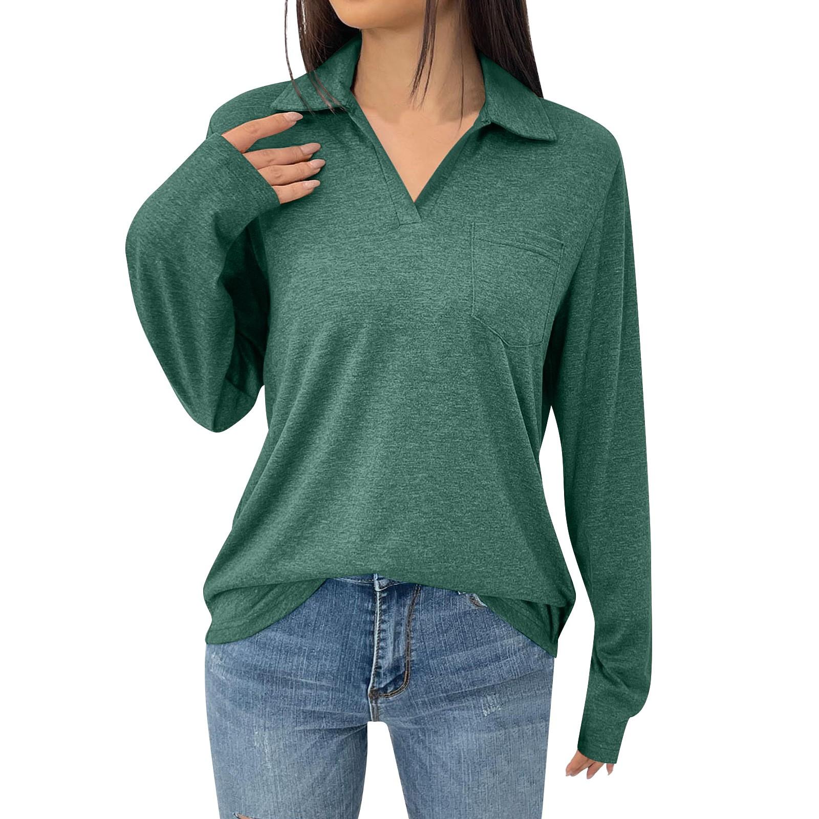 

Женская модная однотонная свободная футболка с лацканами и длинными рукавами и карманами S