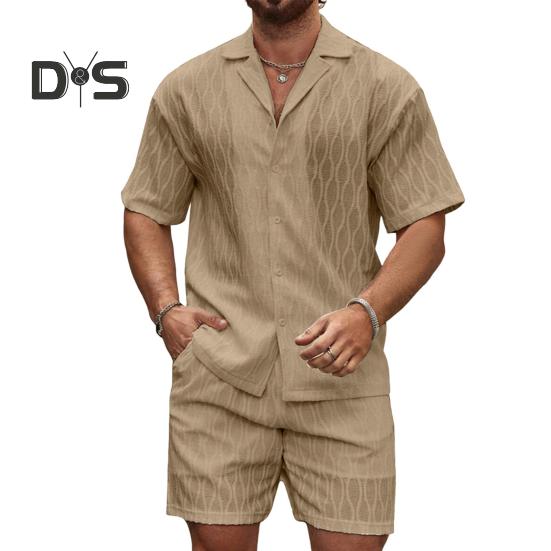 

2 шт./комплект мужской летний наряд рубашка с коротким рукавом на пуговицах эластичный пояс шорты комплект однотонный спортивный костюм M хаки