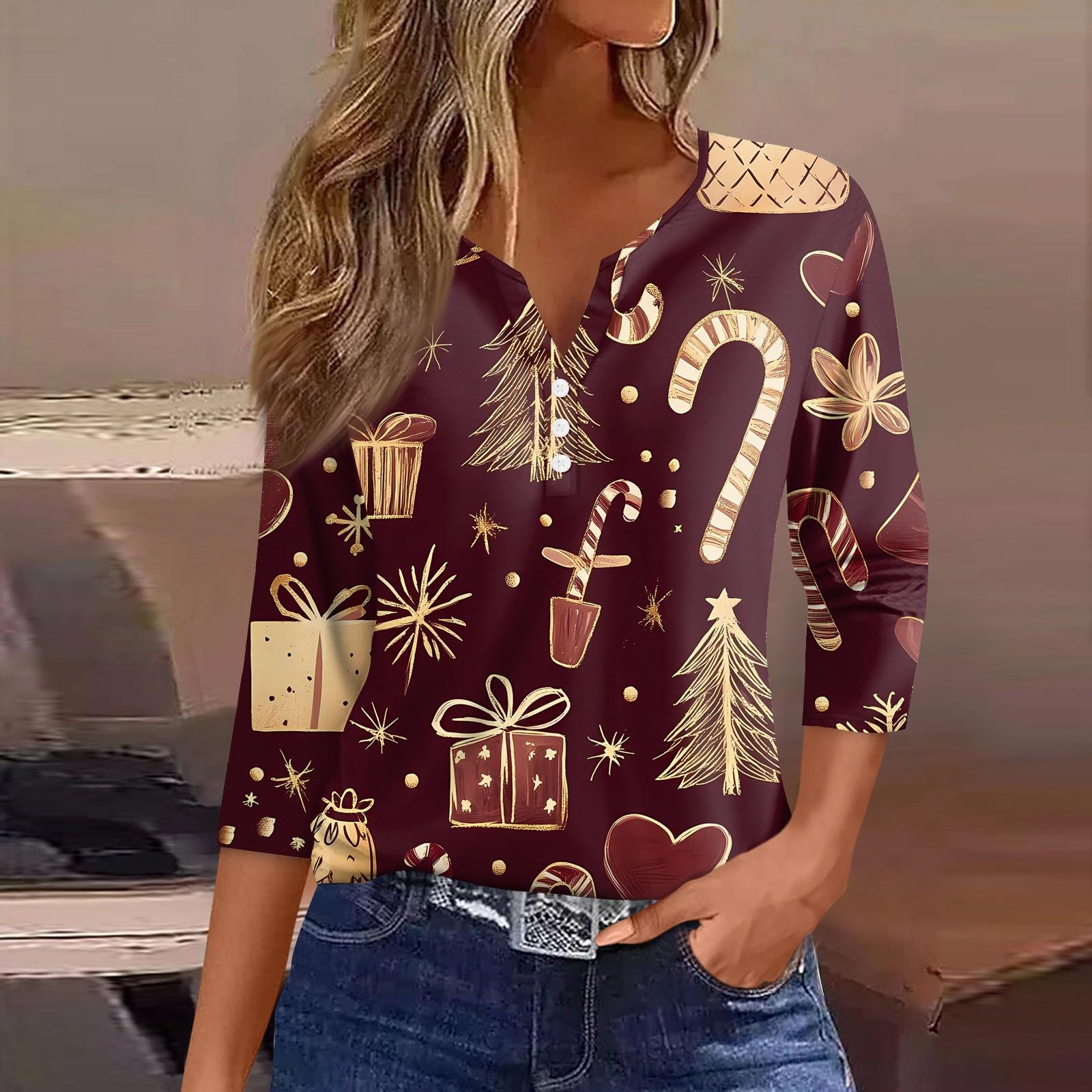 

Женская футболка с рождественским принтом, на пуговицах, рукав 3/4, повседневная, выходного дня, модная, базовая, с V-образным вырезом, стандартный топ XXL золотой
