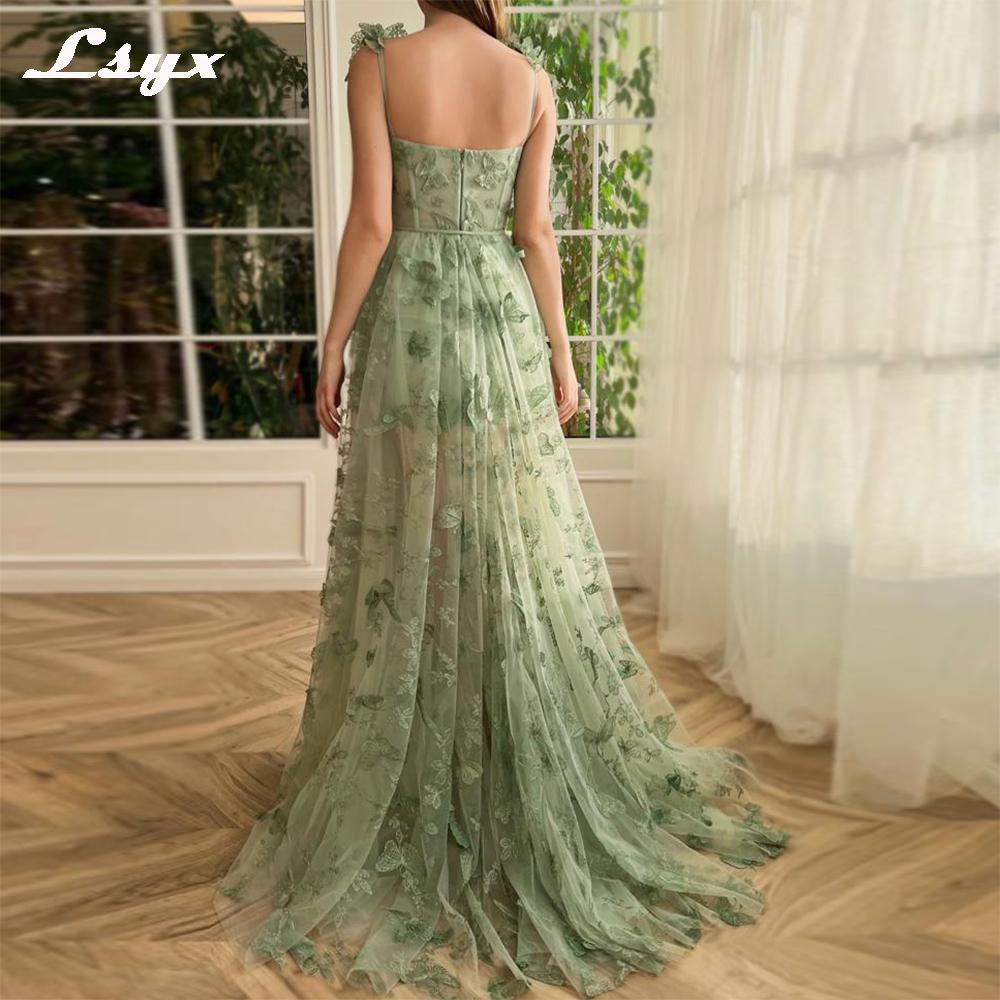 LSYX Sage Green 3D Lace Butterfiles Sweetheart Prom Dresses 2023 Spaghetti Straps A-Line High Slit Fairy Evening Gown