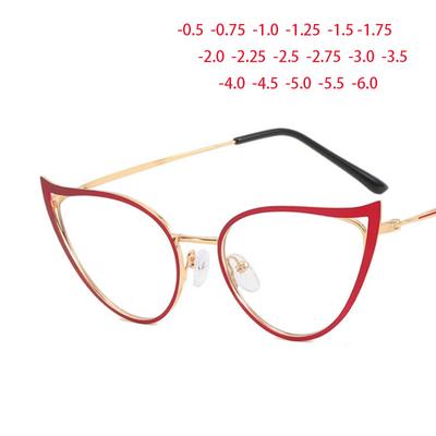 Metall Hohl Katzenaugen Rahmen Klare Brille Damen Myopie Nerd Brille -0,5 -1,0 -2,0 Bis -6,0