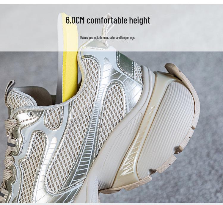 Women's 2024 Spring Fashion Height-Enhancing Breathable Mesh Dad Shoes: Versatile Soft-Soled Thick-Sole Casual Sports Footwear