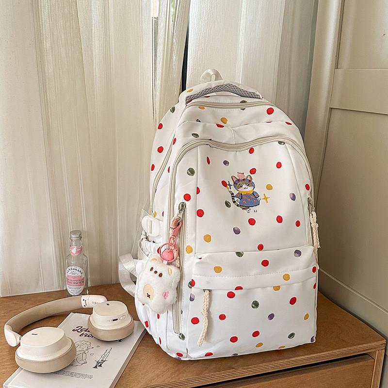 Cute Polka Colorful Dot Cartoon Cat Embroidery Pattern Backpack Students