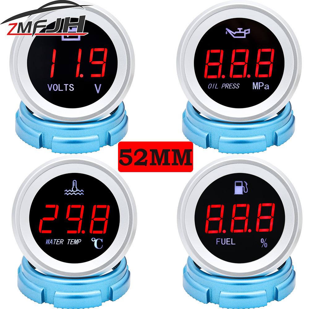 52mm Water Temperature Gauge Car Digital Meter LED Display Fuel Level Gauge Voltmeter Oil Pressure Gauge with Alarm Function