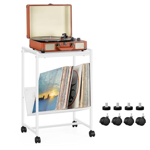 Record Player Table,2 Tier Record Player Stand,Vinyl Record Stand Storage with 4 Wheels, Turntable Stand for Bedroom Living Room