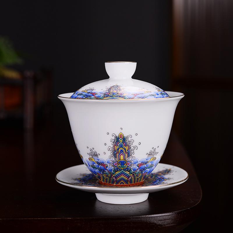 HMLOVE Color Enamel Sancai Gaiwan White Porcelain Cover Bowl Lid Saucer Kung Fu Tea Sets Handmade Tureen Travel Teaware Gift