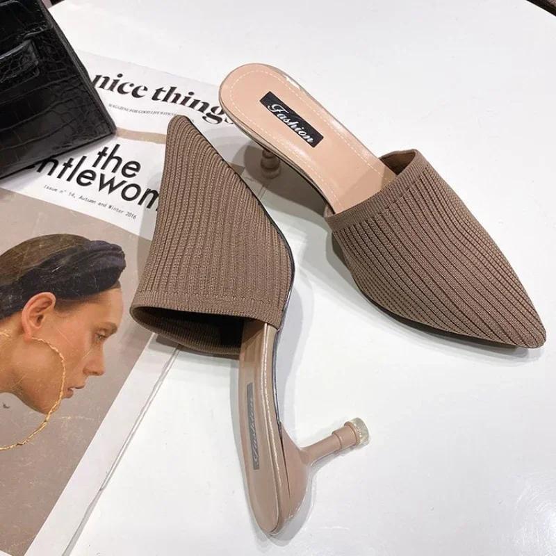 Fashion Shoes for Women 2025 Spring/Summer New High-heeled Slippers Women's Fashion Baotou Thin Heels Pointed Lazy Half Drag Sandals
