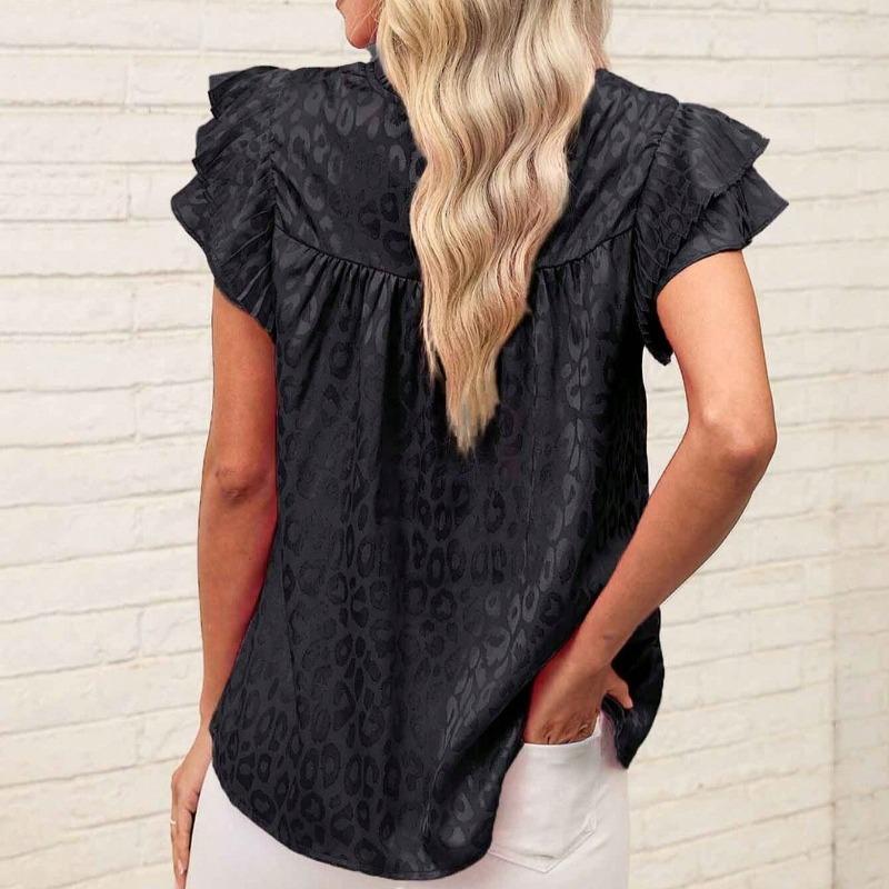 Summer New Fashion Leopard Printed Casual Shirts Women Summer Tops Flying Sleeve Slim Fit Casual Blouse for Women Elegant Solid Pullover Shirt 26626