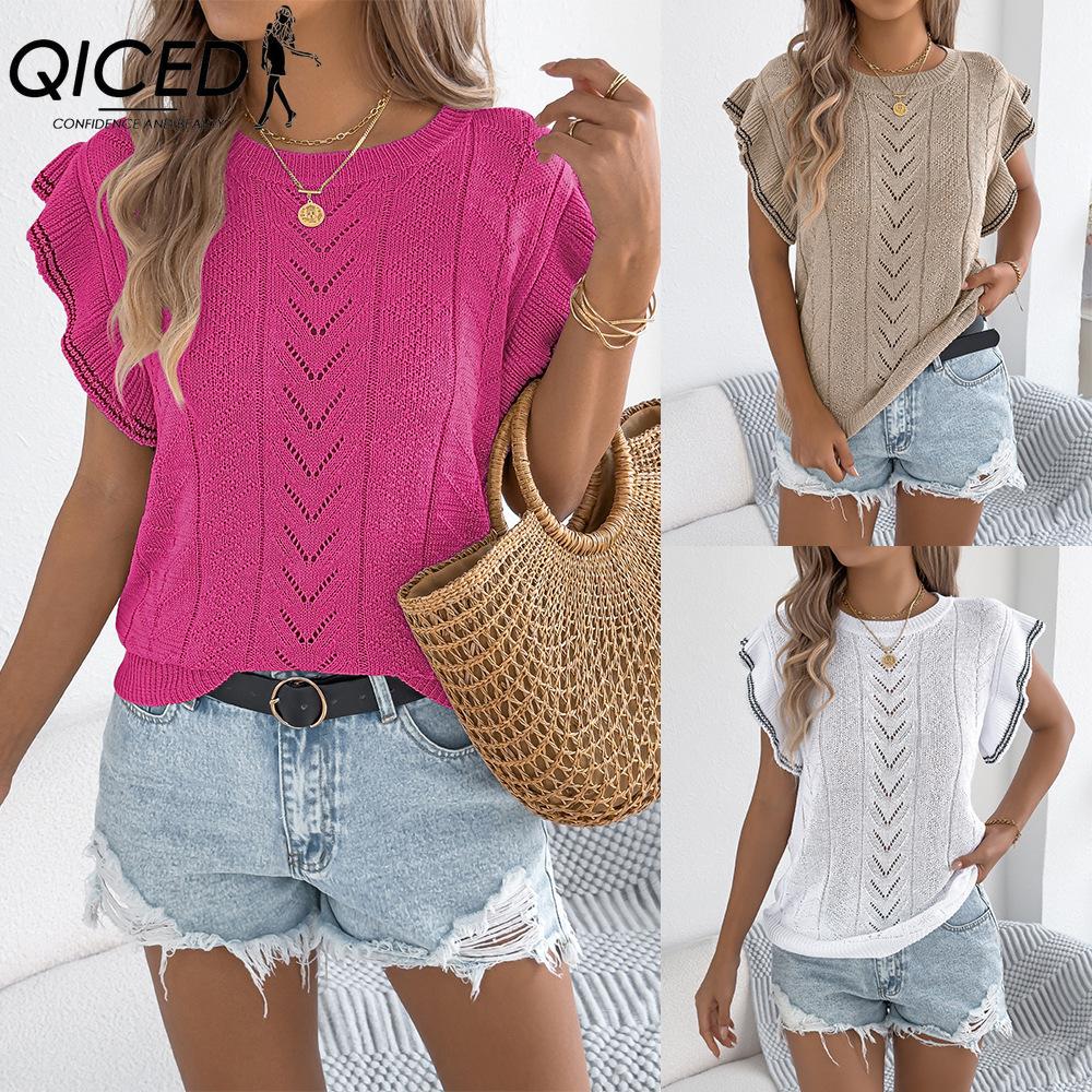 QICED Spring Summer Casual Hollowed-out Twist Color-blocking Black Ear-trimmed Knitted Top for Women's Vacation