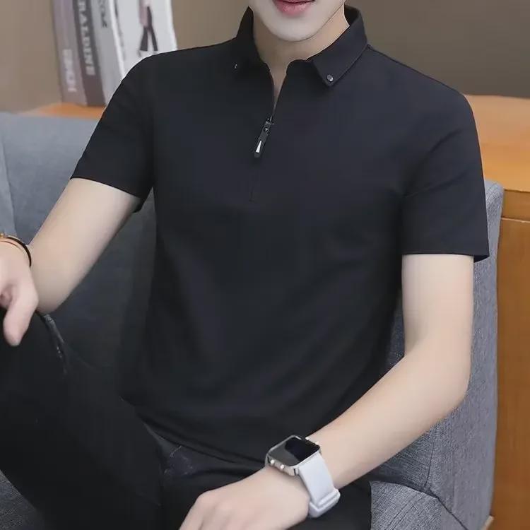 Harajuku 2024 New Men's Summer Solid Color Polo Shirt - Five-Point Sleeve, Trendy Japanese Youth Style