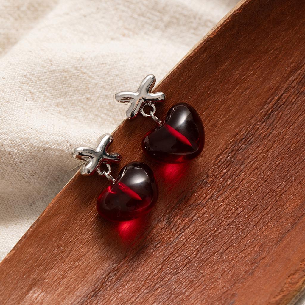 Ankela Red Translucent Three-Dimensional Peach Heart Earrings, Light Luxury High-End Sweet Girlish Temperament Earrings In Autumn And Winter