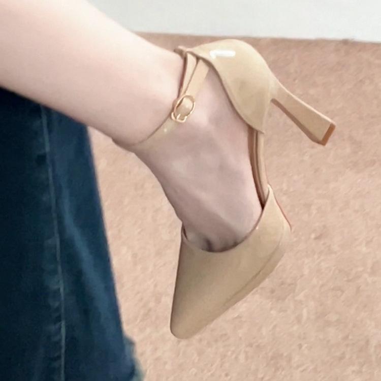 

French pointed thick heel hollow word with commuter high heels new temperament versatile nude waterproof table sandals women 42