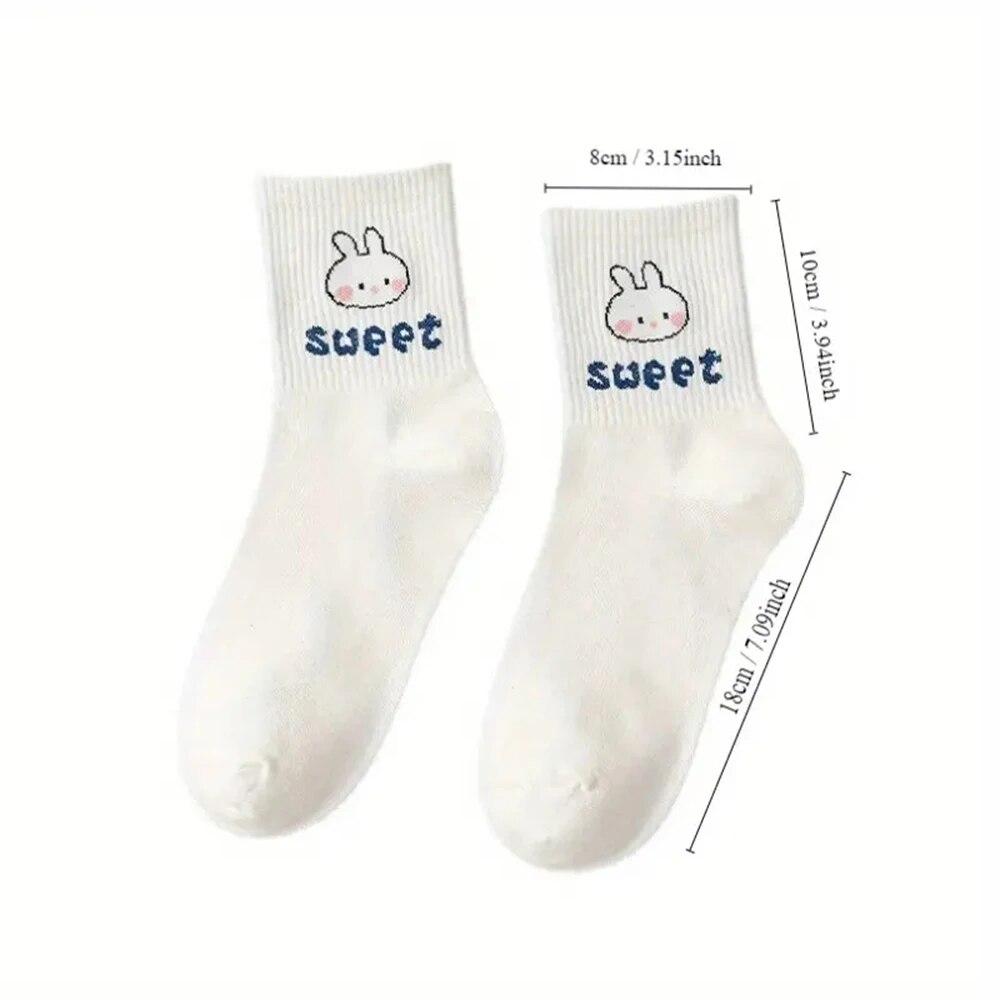 5 Pairs Women's Mid Length Socks Cute Cartoon Bear Short Socks Autumn Winter Comfortable Breathable Versatile Girl Ankle Socks