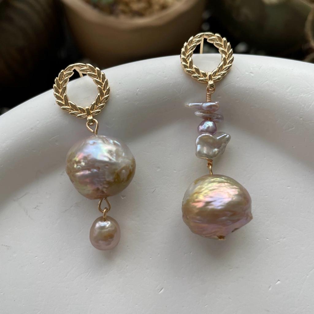 Wheat ears round flower earrings stud earrings retro natural pearl earrings baroque irregular crumple champagne pearl silver needle